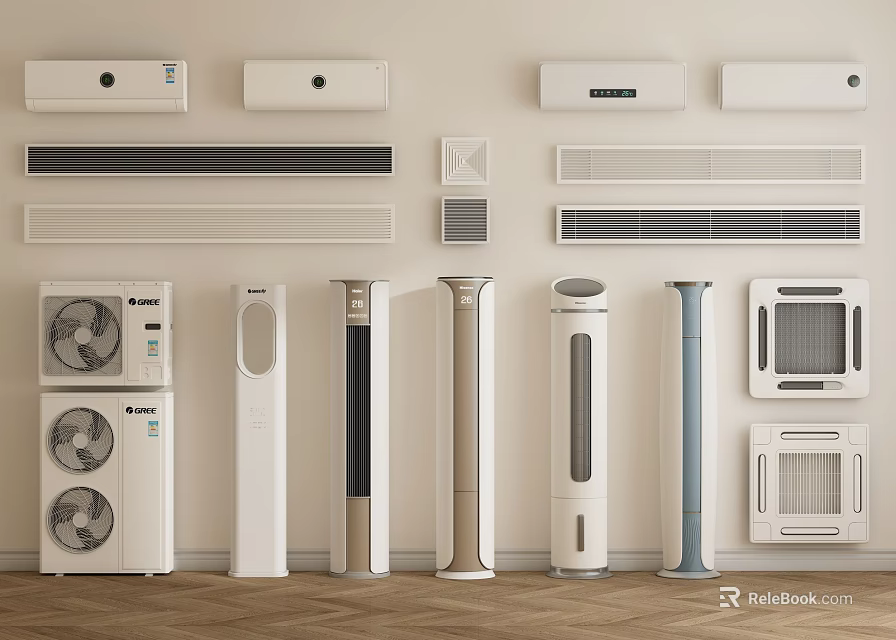 Modern Air Conditioners Fans With Various Wall Mounted Standing And Cabinet Models 3d model 