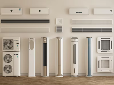 Modern Air Conditioners Fans With Various Wall Mounted Standing And Cabinet Models 3d model