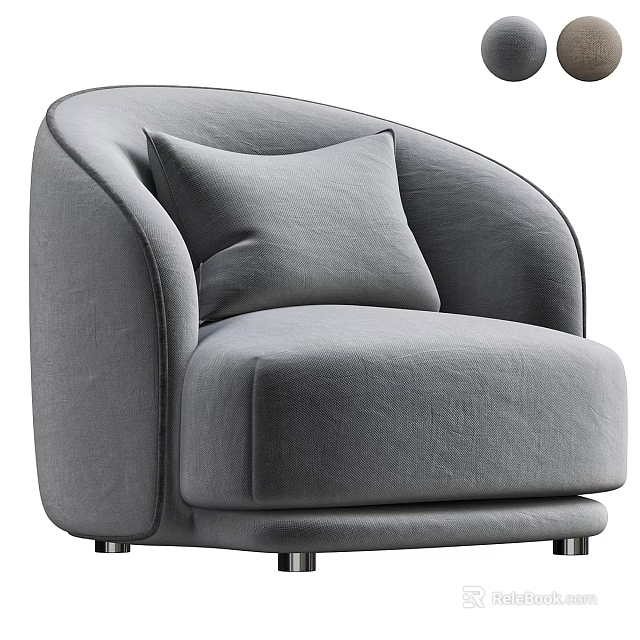 Gray Velvet Single Sofa With Curved Armrests Cushion And Metal Legs 3d model 