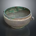 Ancient Bronze Vessel With Two Handles Intricate Carvings And Green Patina