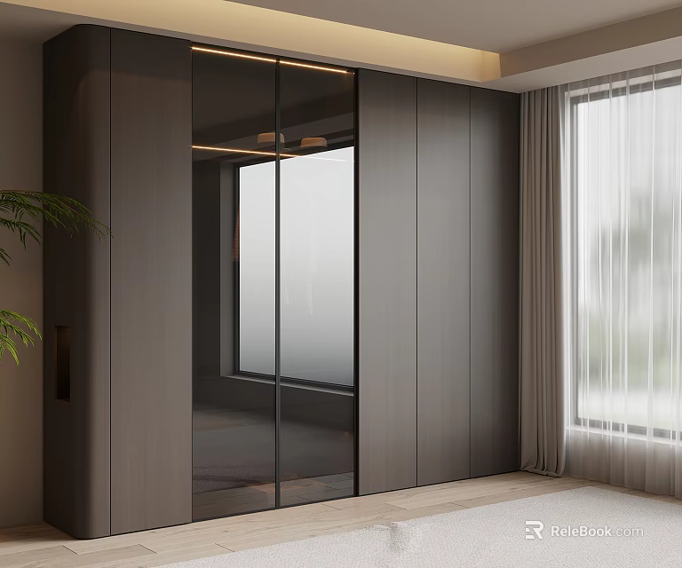 Modern Wardrobe With Sliding Glass Panels And Dark Wood Finish In Bright Room 3d model 