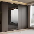 Modern Wardrobe With Sliding Glass Panels And Dark Wood Finish In Bright Room