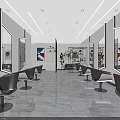 Bright Modern Hair Salon Interior Featuring Black Salon Chairs Large Mirrors And Gray Marble Floor