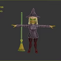 Man In Witch Costume With Black Hat Open Arms And Yellow Broom