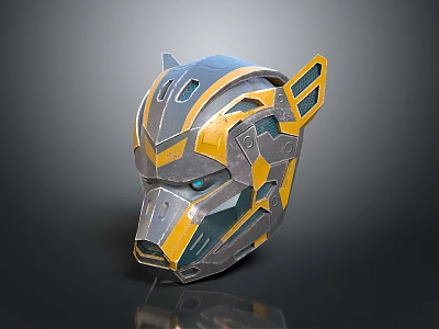 Futuristic Robotic Helmet With Gray Yellow Blue Geometric Design And Sleek Metallic Surface 3d model