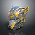 Futuristic Robotic Helmet With Gray Yellow Blue Geometric Design And Sleek Metallic Surface