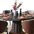 Round Dining Table Set with Brown Upholstered Chairs Tableware Patterned Rug and Red Flowers 3d model