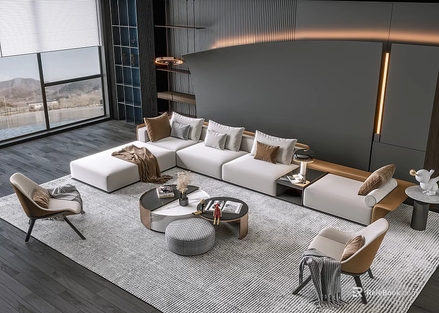 Modern Sectional Sofa and Coffee Table Set with Decorative Pillows Throw Blanket and Armchairs 3d model 