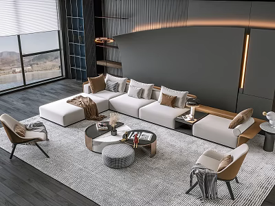 Modern Sectional Sofa and Coffee Table Set with Decorative Pillows Throw Blanket and Armchairs 3d model