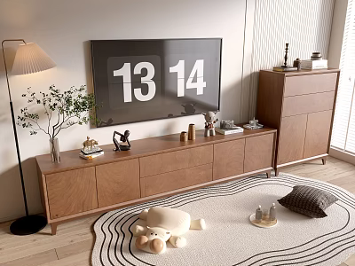 Modern Living Room Wooden TV Stand with Decorative Items Floor Lamp and Green Plant 3d model