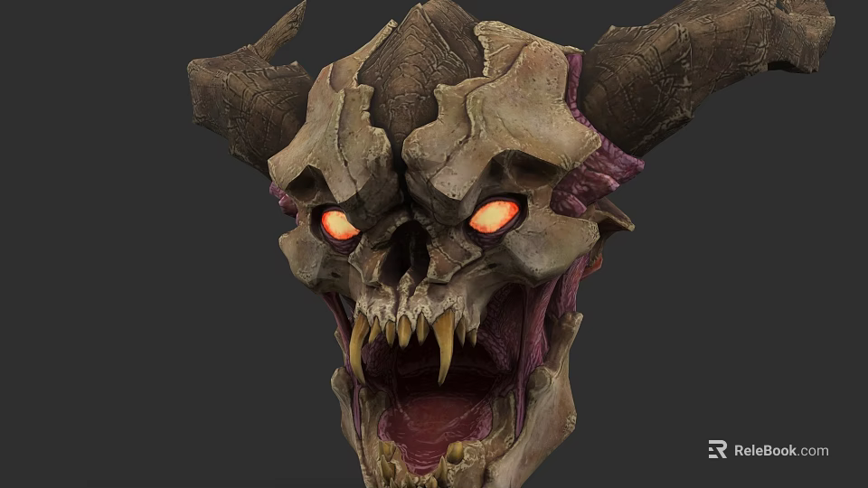Horned Skull Game Character With Red Glowing Eyes Sharp Fangs And Open Mouth 3d model 