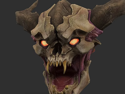 Horned Skull Game Character With Red Glowing Eyes Sharp Fangs And Open Mouth 3d model