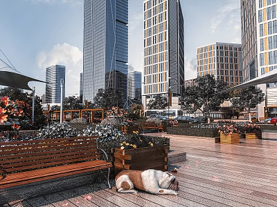 Urban Park Landscape with High Rise Buildings Wooden Bench Flower Beds and Sleeping Dog 3d model