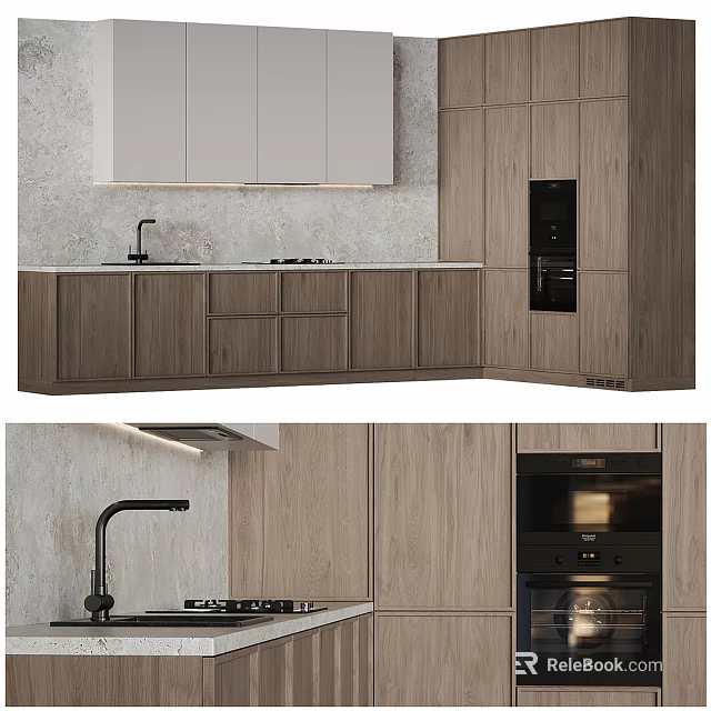Modern Kitchen Interior Design With Wooden Cabinets Built-in Oven Stone Countertop And Faucet 3d model 