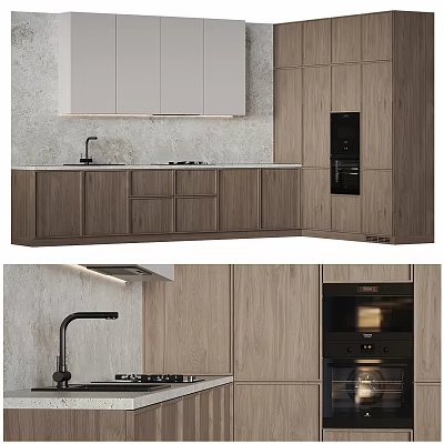 Modern Kitchen Interior Design With Wooden Cabinets Built-in Oven Stone Countertop And Faucet 3d model