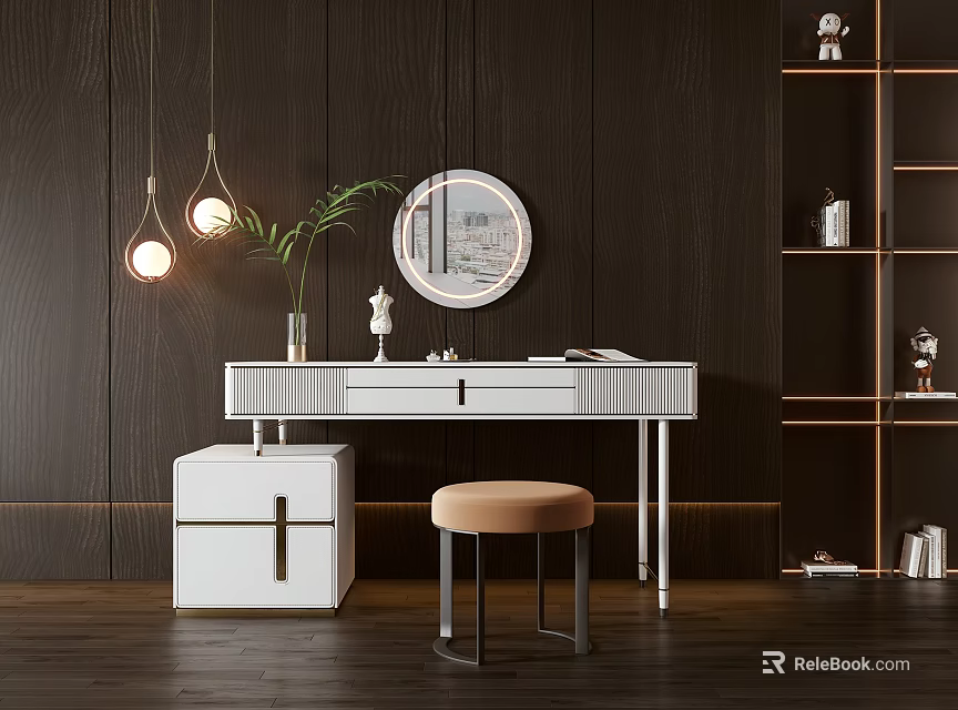 Modern White Dressing Table With Round Mirror Brown Stool Hanging Lights Against Wooden Wall 3d model 