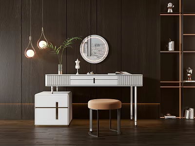 Modern White Dressing Table With Round Mirror Brown Stool Hanging Lights Against Wooden Wall 3d model