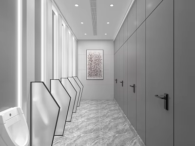 Modern Public Restroom Interior With Clean Stalls Urinals Bright Lighting And Marble Flooring 3d model