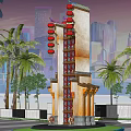 Traditional Style Signage With Red Lanterns Palm Trees And Urban Skyline Background