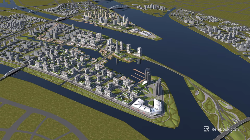 Aerial City Planning View With River Islands High Rise Buildings And Green Spaces 3d model 