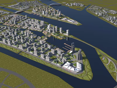 Aerial City Planning View With River Islands High Rise Buildings And Green Spaces 3d model