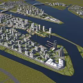 Aerial City Planning View With River Islands High Rise Buildings And Green Spaces