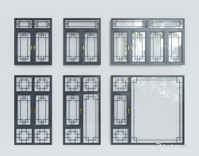 Traditional Chinese Window Designs With Various Grid Patterns And Wooden Frames 3d model
