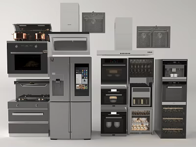 Modern Kitchen Appliances Collection With Refrigerator Oven Microwave And Coffee Maker 3d model