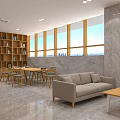 Leisure Area Interior with Large Windows City View Marble Wall Sofa Chairs and Coffee Table