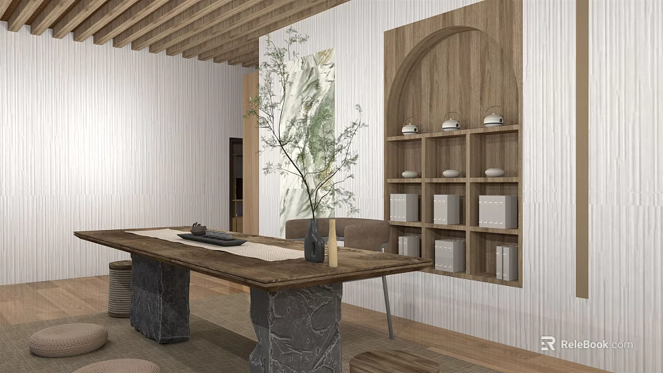 Hotel Guest Room Interior With Wooden Ceiling Decorative Painting Bookshelf And Green Plant 3d model 