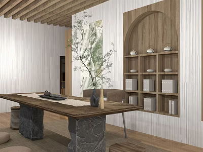 Hotel Guest Room Interior With Wooden Ceiling Decorative Painting Bookshelf And Green Plant 3d model