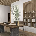 Hotel Guest Room Interior With Wooden Ceiling Decorative Painting Bookshelf And Green Plant