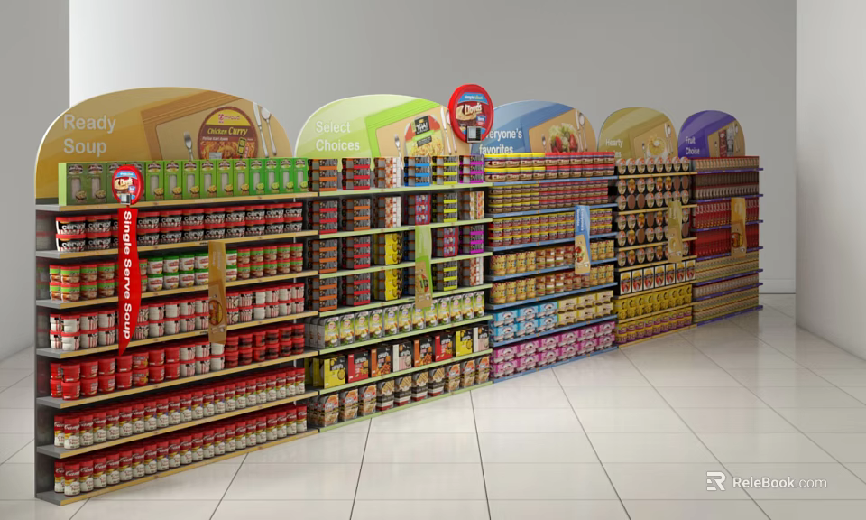 Supermarket Retail Display Shelves Fully Stocked with Canned Goods and Colorful Curved Top Signs 3d model 