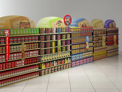 Supermarket Retail Display Shelves Fully Stocked with Canned Goods and Colorful Curved Top Signs 3d model