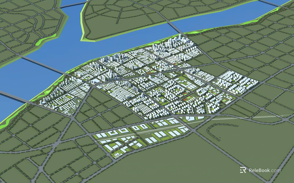 Comprehensive Aerial Planning of Urban Area with River and Road Network and Building Clusters 3d model 