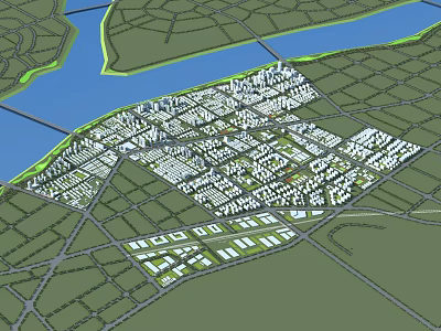 Comprehensive Aerial Planning of Urban Area with River and Road Network and Building Clusters 3d model