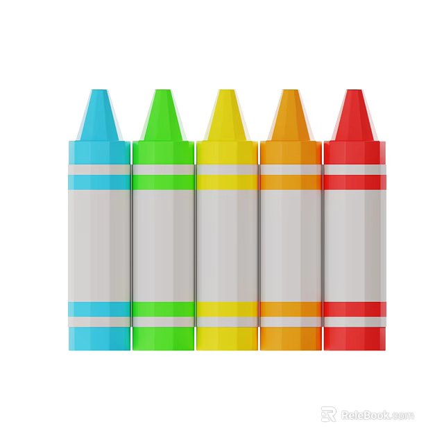 Five Colorful Crayons Blue Green Yellow Orange Red with Conical Tips and Colored Stripes 3d model 