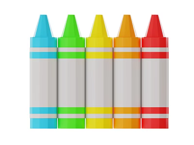 Five Colorful Crayons Blue Green Yellow Orange Red with Conical Tips and Colored Stripes 3d model