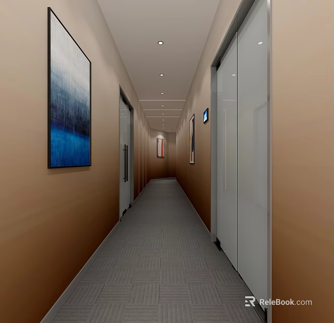Elevator Hallway with Brown Walls Gray Carpet Ceiling Lights Modern Artwork and Elevator Doors 3d model 