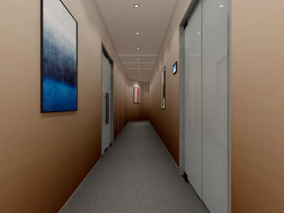 Elevator Hallway with Brown Walls Gray Carpet Ceiling Lights Modern Artwork and Elevator Doors 3d model