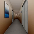 Elevator Hallway with Brown Walls Gray Carpet Ceiling Lights Modern Artwork and Elevator Doors