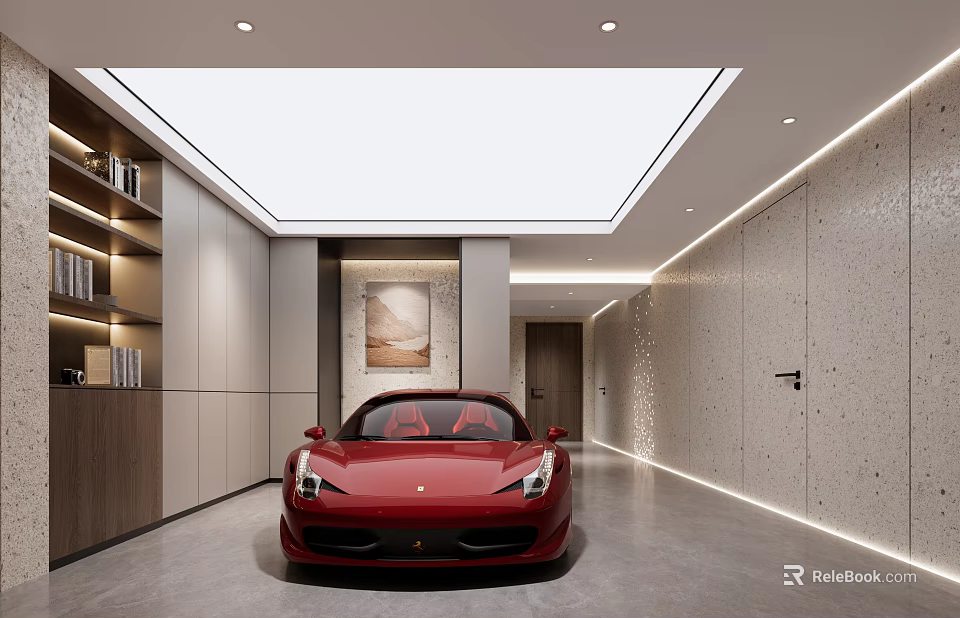 Modern Garage Interior With Red Sports Car And Storage Shelves 3d model 