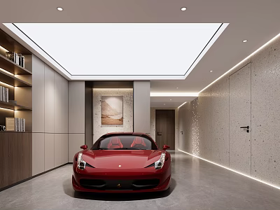 Modern Garage Interior With Red Sports Car And Storage Shelves 3d model