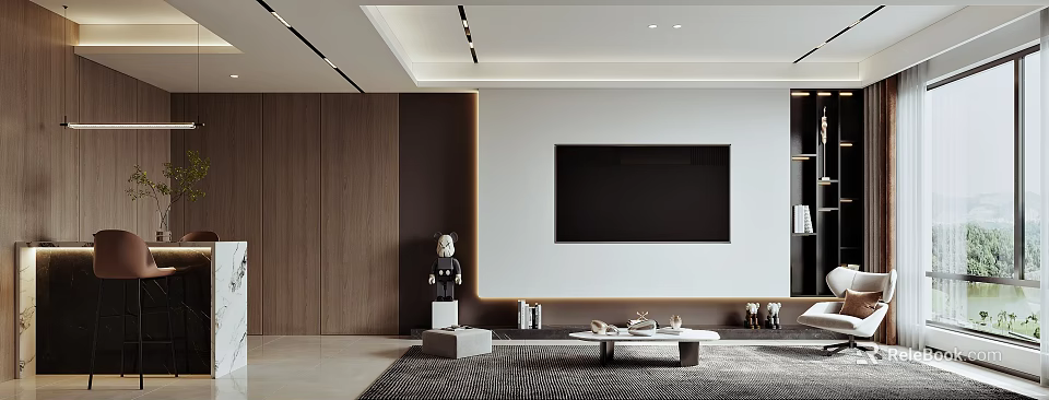 Elegant Modern Living Dining Room Interior With Wooden Panel TV Wall And Textured Rug Decor 3d model 