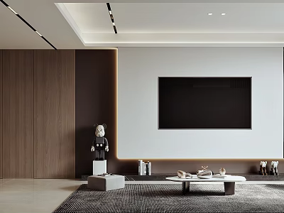 Elegant Modern Living Dining Room Interior With Wooden Panel TV Wall And Textured Rug Decor 3d model
