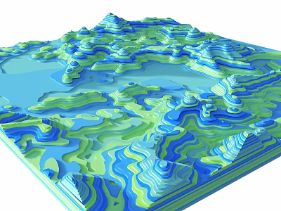3D Micro Terrain Model Featuring Undulating Green Blue Landforms and Water Areas 3d model