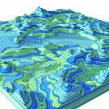 3D Micro Terrain Model Featuring Undulating Green Blue Landforms and Water Areas