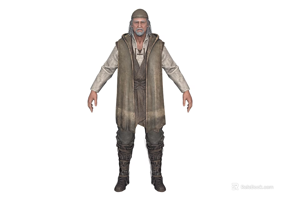 Elderly Bearded Game and Movie Character Wearing Long Vest Long Sleeve Shirt Trousers and Boots 3d model 