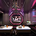 Modern KTV Room Interior With Purple Pink Lighting And Black Leather Sofas