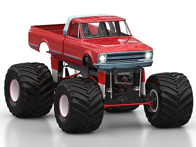 Red Classic Monster Truck Featuring Large Black Tires And Chrome Accents 3d model